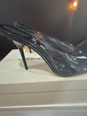 Good American Transparent Black Stiletto Mules